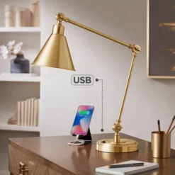 360 Lighting Wray Modern Desk Lamp 26 3/4" High Warm Brass Metal With USB Charging Port Adjustable Arm Head For Bedroom Living Room Bedside House Home
