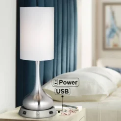 360 Lighting Modern Table Lamp With Dimmable USB And AC Power Outlet Workstation Base 24.5" High Brushed Nickel Droplet White Shade Bedroom Desk