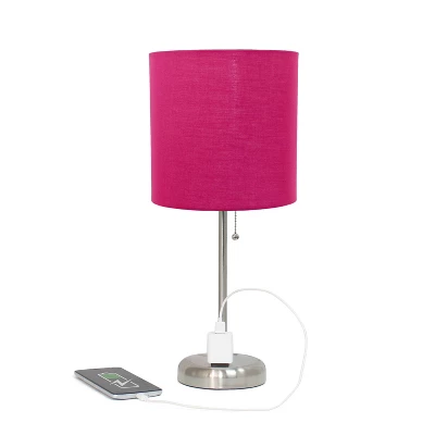 19.5" Bedside Power Outlet Base Metal Table Desk Lamp Brushed Steel With Fabric Shade Pink - Creekwood Home 2 19.5" Bedside Power Outlet Base Metal Table Desk Lamp Brushed Steel With Fabric Shade Pink - Creekwood Home - Image 2
