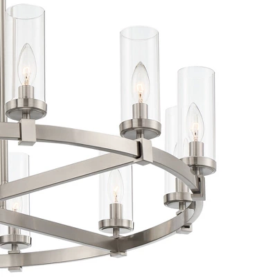 Stiffel Brushed Nickel Wagon Wheel Chandelier 36" Wide Modern Clear Glass Shade 12-Light Fixture For Dining Room House Kitchen 2 Stiffel Brushed Nickel Wagon Wheel Chandelier 36" Wide Modern Clear Glass Shade 12-Light Fixture For Dining Room House Kitchen - Image 2