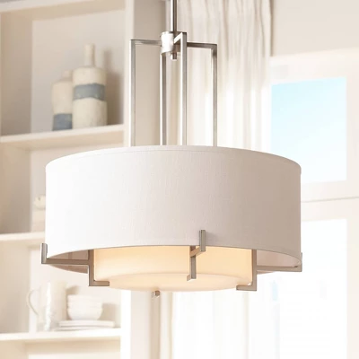 Possini Euro Design Concentric Brushed Nickel Pendant Chandelier 25" Wide Modern White Fabric Drum 4-Light For Dining Room House Foyer Kitchen Island 1 Possini Euro Design Concentric Brushed Nickel Pendant Chandelier 25" Wide Modern White Fabric Drum 4-Light For Dining Room House Foyer Kitchen Island