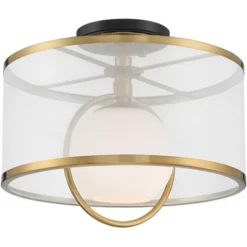 Possini Euro Design Carlyn Modern Art Deco Ceiling Light Semi Flush Mount Fixture 14" Wide Warm Brass Black Orb Organza Drum Shade For Bedroom Kitchen -Adesso Shop GUEST e6269b9b 9176 4435 9395 c5ba601a29d1