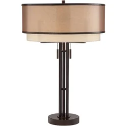 Franklin Iron Works Andes Modern Industrial Table Lamp 27 1/2" Tall Oil Rubbed Bronze Metal Stacked Double Fabric Drum Shade For Bedroom Living Room -Adesso Shop GUEST e8bf6581 ef14 4557 9dfc 87abf99f315e