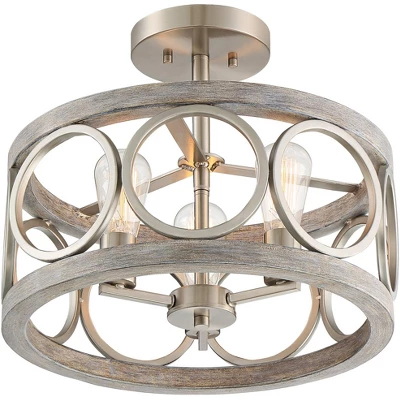 Franklin Iron Works Salima Rustic Farmhouse Ceiling Light Semi Flush Mount 16" Wide Brushed Nickel Gray Wood 3-Light LED For Bedroom Living Room House 5 Franklin Iron Works Salima Rustic Farmhouse Ceiling Light Semi Flush Mount 16" Wide Brushed Nickel Gray Wood 3-Light LED For Bedroom Living Room House - Image 5