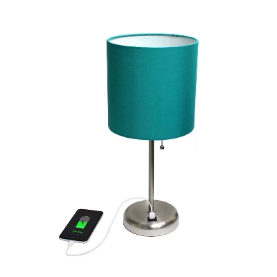 19.5" Bedside USB Port Feature Metal Table Desk Lamp Brushed Steel With Teal Fabric Shade - Creekwood Home 2 19.5" Bedside USB Port Feature Metal Table Desk Lamp Brushed Steel With Teal Fabric Shade - Creekwood Home - Image 2