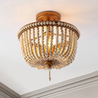 14" LED 3-Light Allie Wood Bead/Iron Pendant Antique Gold/Taupe - JONATHAN Y 1 14" LED 3-Light Allie Wood Bead/Iron Pendant Antique Gold/Taupe - JONATHAN Y