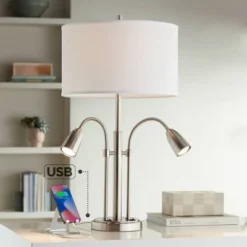Possini Euro Design Wagner Modern Table Lamp 29 3/4" Tall Brushed Nickel With USB Charging Port And LED Gooseneck Lights White Shade For Living Room