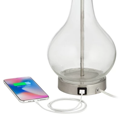 360 Lighting Modern Accent Table Lamps 21.75" High Set Of 2 With USB Charging Port Clear Glass Blue Drum Shade For Living Room Desk Bedroom Office 3 360 Lighting Modern Accent Table Lamps 21.75" High Set Of 2 With USB Charging Port Clear Glass Blue Drum Shade For Living Room Desk Bedroom Office - Image 3
