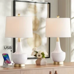 360 Lighting Nesbit Modern Mid Century Table Lamps 25" High Set Of 2 White Ceramic With USB Charging Port Drum Shade For Bedroom Living Room Bedside
