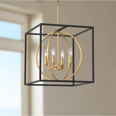 Possini Euro Design Black Warm Brass Cage Foyer Pendant Chandelier 16 1/2" Wide 4-Light Mid Century Modern For Dining Room House 1 Possini Euro Design Black Warm Brass Cage Foyer Pendant Chandelier 16 1/2" Wide 4-Light Mid Century Modern For Dining Room House
