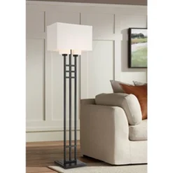 Franklin Iron Works Industrial Floor Lamp 64" Tall Matte Black 3-Light Rectangular Linen White Glass Shades For Living Room House
