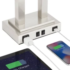 Possini Euro Design Amity Modern Table Lamp 26" High Brushed Nickel With USB And AC Power Outlet In Base White Linen Shade For Bedroom Bedside Desk -Adesso Shop GUEST faab9f00 a01b 4be2 963c a37ffcd0f7f1