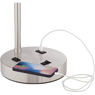 360 Lighting Colby Modern Desk Lamps 21" High Set Of 2 Brushed Nickel With USB And AC Power Outlet In Base White Linen Drum Shade For Bedroom Office 4 360 Lighting Colby Modern Desk Lamps 21" High Set Of 2 Brushed Nickel With USB And AC Power Outlet In Base White Linen Drum Shade For Bedroom Office - Image 4