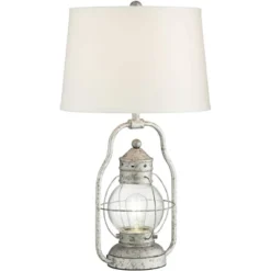 Franklin Iron Works Bodie Rustic Industrial Table Lamp 26" High Distressed Silver With USB Charging Port Nightlight LED Off White Linen Shade For Desk -Adesso Shop GUEST fb8b18fa aab4 4934 865b 7641e036cc17