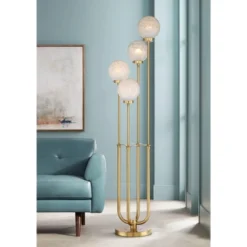 Possini Euro Design Mid Century Modern Glam Style Floor Lamp 4-Light LED 68.5" Tall Warm Gold Glass Globe Shade For Living Room House Uplight