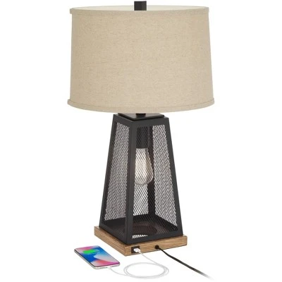 Franklin Iron Works Barris Industrial Table Lamp 26 3/4" High Metal Mesh With Nightlight LED USB Charging Port Burlap Shade For Living Room House Desk 2 Franklin Iron Works Barris Industrial Table Lamp 26 3/4" High Metal Mesh With Nightlight LED USB Charging Port Burlap Shade For Living Room House Desk - Image 2